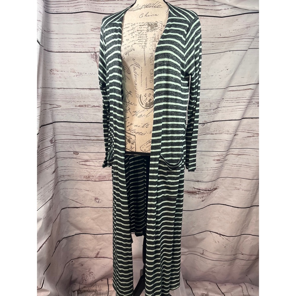 LuLaRoe Sarah Duster Cardigan Medium M Grey Green Striped Open Front Maxi Pocket